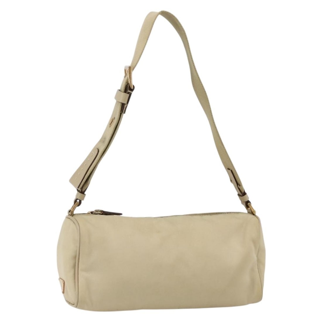 PRADA Beige Nylon Shoulder Bag with Gold Tone Hardware Card: PRADA Beige Nylon Shoulder Bag with Gold Tone Hardware Card Beige and gold nylon shoulder bag made in Italy. It comes with a guarantee card and has a serial number 65. The bag is heavily used, with vi