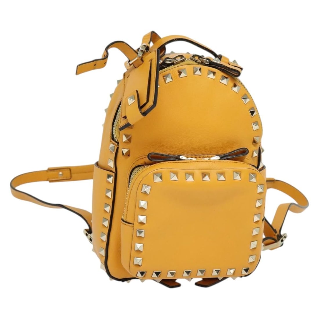 VALENTINO Leather Backpack Yellow Silver Studded Italy: VALENTINO Leather Backpack Yellow Silver Studded Italy A Valentino leather backpack in yellow and silver, made in Italy. This women's style features a compact silhouette with a 15 cm width, 20 cm heig