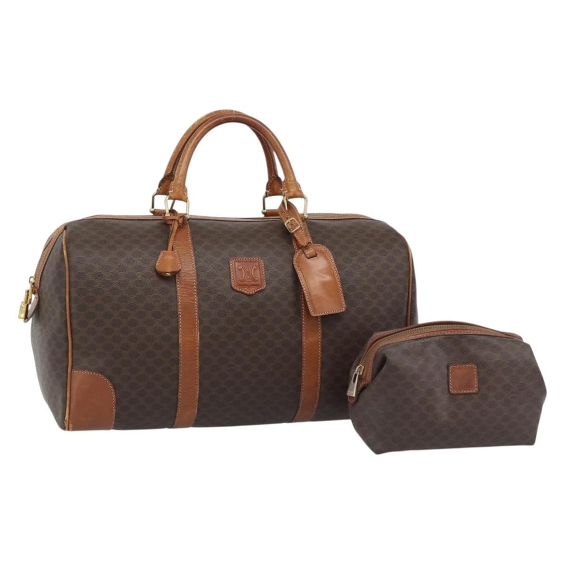 2 Piece Celine Macadam Boston Bag Set Brown PVC Leather: 2 Piece Celine Macadam Boston Bag Set Brown PVC Leather A CELINE Boston bag set in brown and gold, made from PVC leather and Macadam canvas. The set includes a padlock, key, clochette, and name tag. M