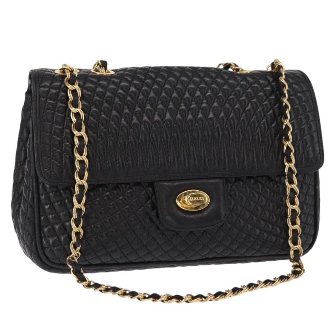 BALLY Leather Shoulder Bag Black Gold Chain Strap Italy: BALLY Leather Shoulder Bag Black Gold Chain Strap Italy Black and gold leather shoulder bag made in Italy. The bag features a chain shoulder strap and measures approximately W24 cm x H17 cm x D5 cm, w