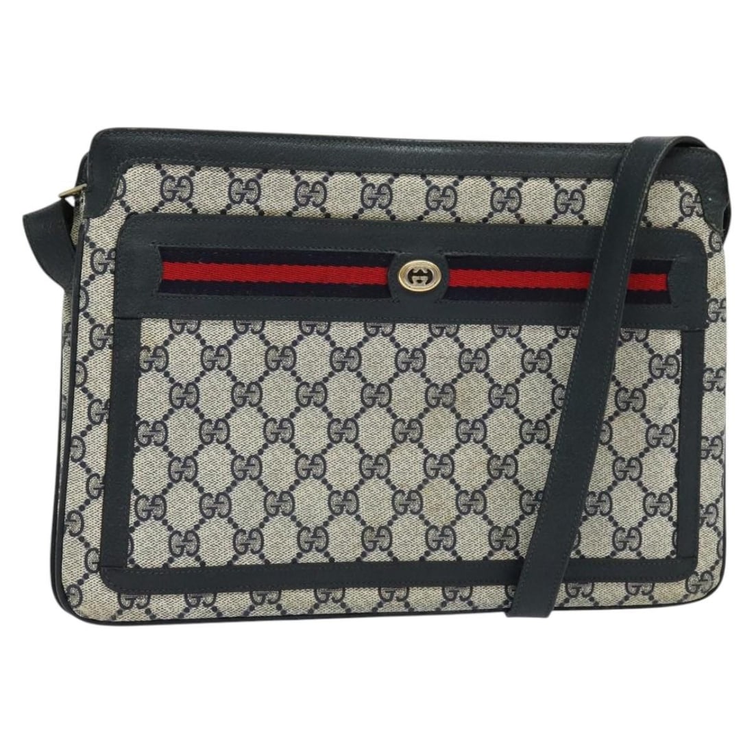 GUCCI Sherry Line GG Supreme PVC Leather Shoulder Bag Navy Red: GUCCI Sherry Line GG Supreme PVC Leather Shoulder Bag Navy Red Gucci shoulder bag in navy and red PVC leather with GG canvas details. Made in Italy, this women's bag has a compact rectangular profile 