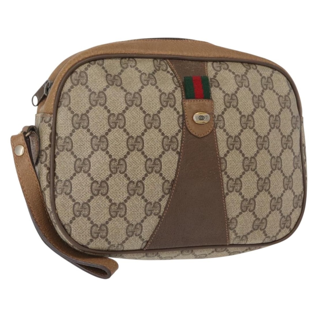 GUCCI GG Supreme Sherry Line Beige Brown PVC Clutch Bag Auth 89 01 034: GUCCI GG Supreme Sherry Line Beige Brown PVC Clutch Bag Auth 89 01 034 This authentic GUCCI GG Supreme Web Sherry Line Clutch Bag combines elegance and practicality. Crafted in Italy from durable PVC 