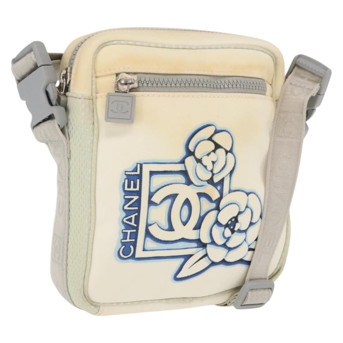 CHANEL Sports Line Nylon Shoulder Bag White Silver CC: CHANEL Sports Line Nylon Shoulder Bag White Silver CC A CHANEL Sports Line shoulder bag in white and silver nylon, made in Italy. The bag measures approximately 16 cm wide, 18 cm high, and 4 cm deep, 