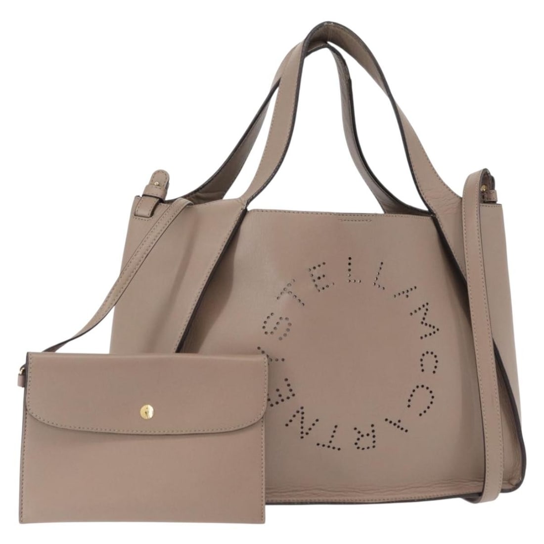 Stella MacCartney Beige Gold Leather Hand Bag 2way Auth 513860: Stella MacCartney Beige Gold Leather Hand Bag 2way Auth 513860 This Stella MacCartney handbag combines elegance and practicality with its distinctive leather exterior in a chic beige and gold color sc