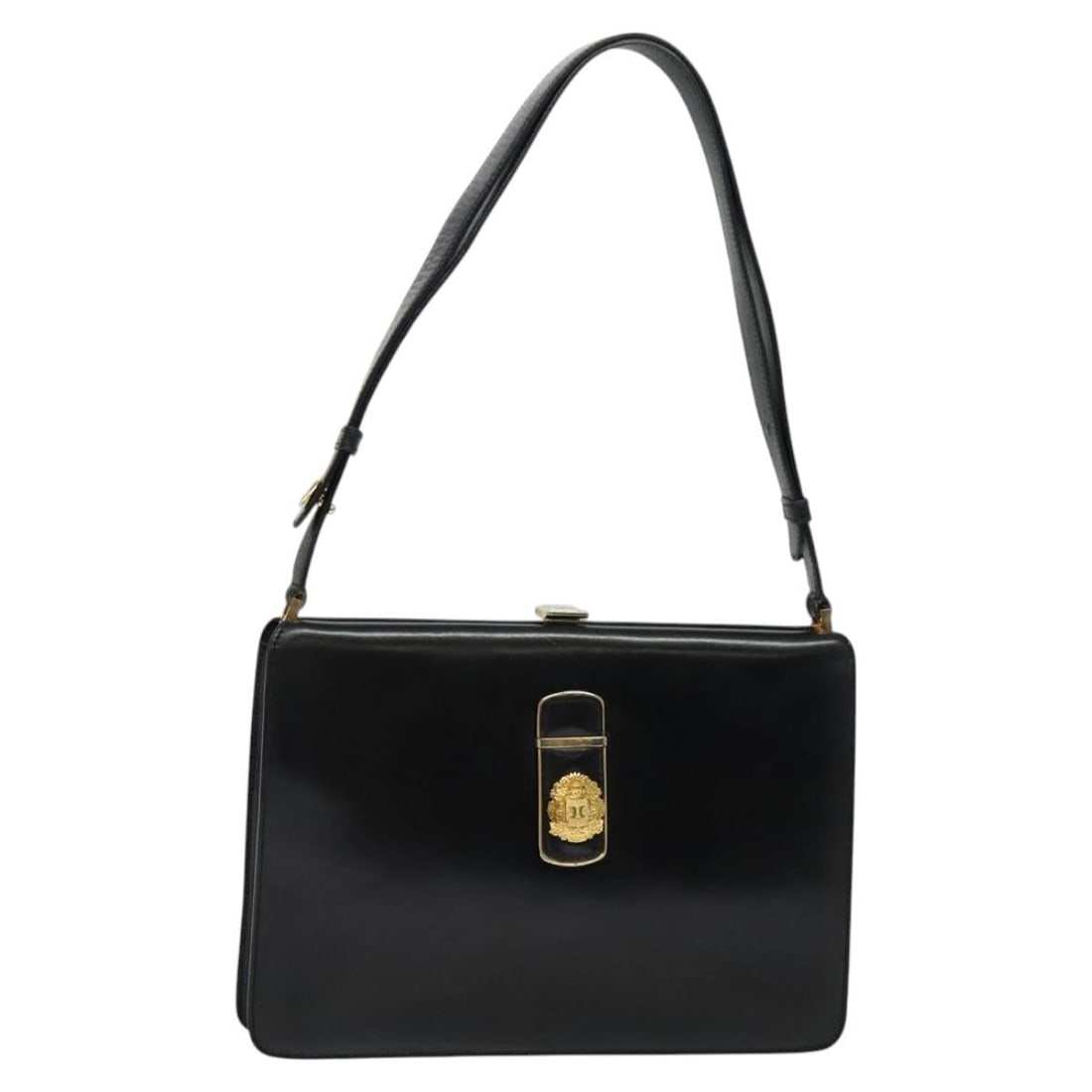 CELINE black leather shoulder bag with gold tone hardware: CELINE black leather shoulder bag with gold tone hardware Authentic CELINE shoulder bag in black leather with gold-tone accents, made in Italy. This women's bag includes an adjustable shoulder strap a