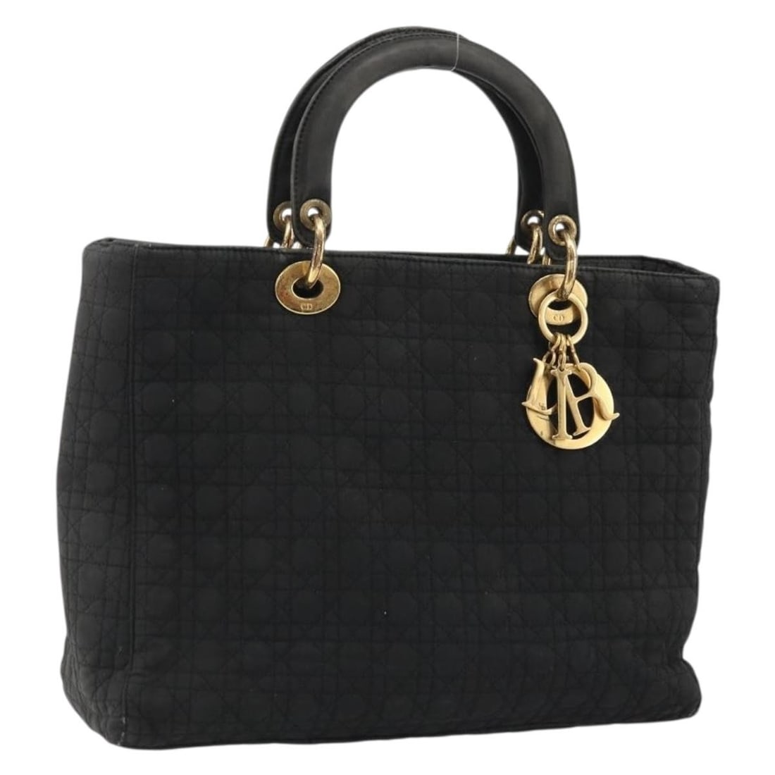 Christian Dior Lady Dior Black Nylon Hand Bag with Charm: Christian Dior Lady Dior Black Nylon Hand Bag with Charm Christian Dior Lady Dior hand bag in black and gold nylon, made in Italy. It includes a charm accessory and features a handle drop of approxima