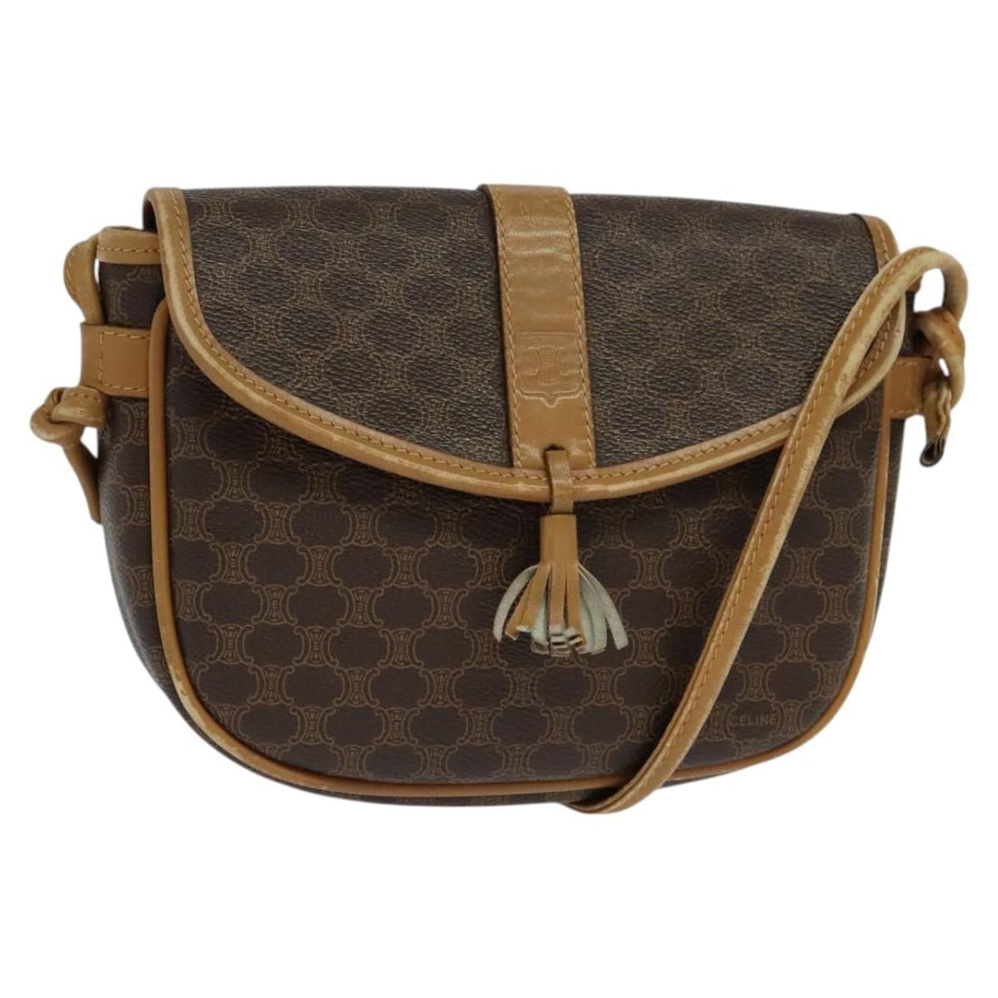 Celine Macadam Brown PVC and Leather Shoulder Bag Gold Accents: Celine Macadam Brown PVC and Leather Shoulder Bag Gold Accents This Celine Macadam shoulder bag features a brown and gold PVC leather exterior with the signature Macadam canvas design. Designed for wo