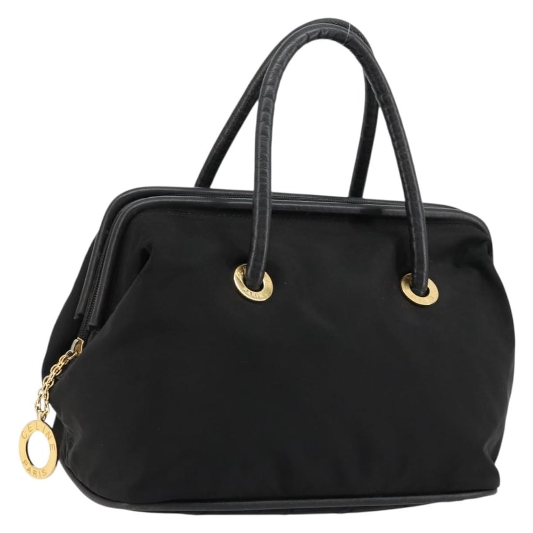 CELINE black nylon circle handbag Italy gold accents: CELINE black nylon circle handbag Italy gold accents This CELINE Circle hand bag features a black and gold nylon exterior with gold-tone hardware. Designed for women, it offers a compact yet functiona