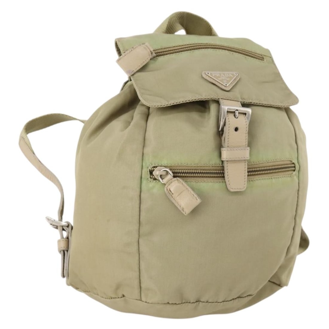 PRADA Beige Nylon Backpack with Silver Tone Trim: PRADA Beige Nylon Backpack with Silver Tone Trim PRADA women's backpack in beige and silver nylon, made in Italy. The bag measures approximately W 7.1 x H 9.8 x D 4.3 inches (W 18 x H 25 x D 11 cm). I