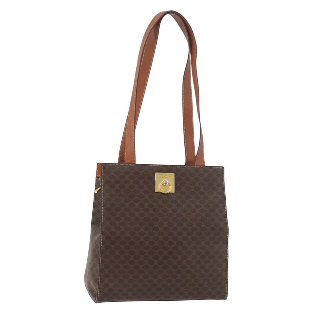 Celine Macadam Brown PVC Leather Tote Bag Gold Tone Hardware: Celine Macadam Brown PVC Leather Tote Bag Gold Tone Hardware Brown and gold tote bag in PVC leather and Macadam canvas, made in Italy. The bag measures approximately 27 cm x 27 cm x 11 cm, with a hand