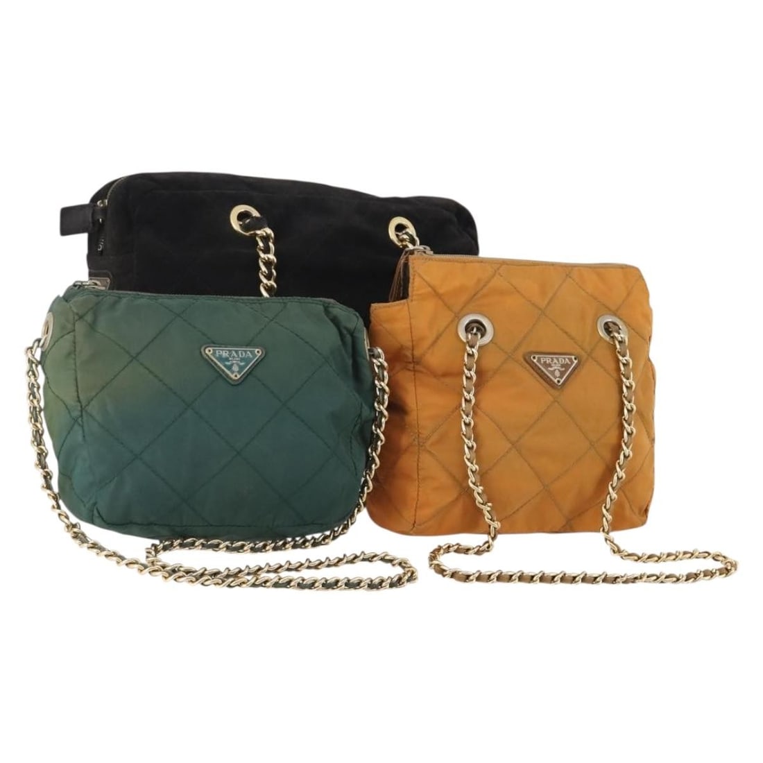 3 Prada Nylon Shoulder Bags in Beige Black and Green: 3 Prada Nylon Shoulder Bags in Beige Black and Green PRADA chain shoulder bag set in beige, black, and green nylon. This special set offer is heavily used and shows wear consistent with Rank C conditi