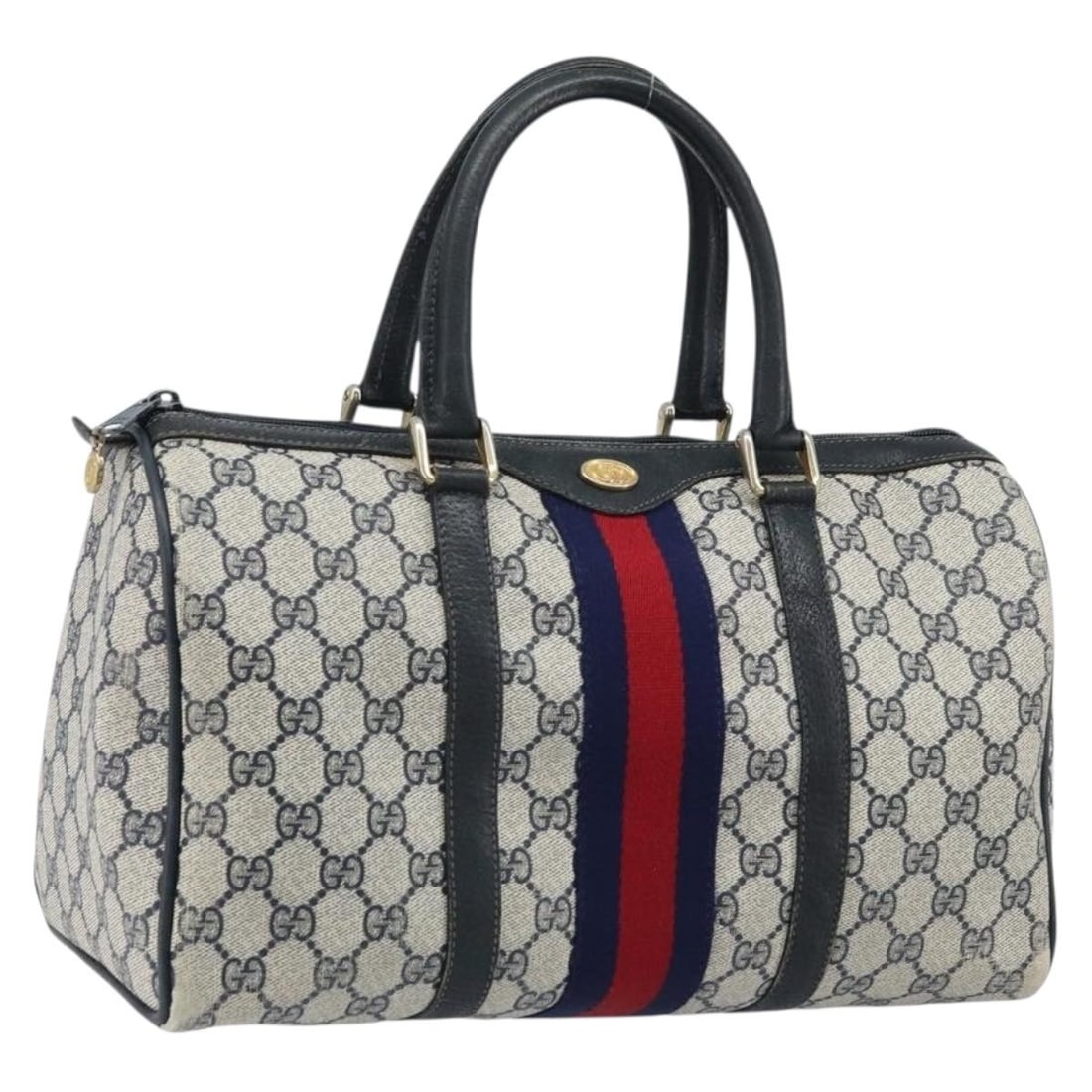 Gucci GG Supreme Sherry Line Navy PVC Handbag Red Gold Stripe Italy: Gucci GG Supreme Sherry Line Navy PVC Handbag Red Gold Stripe Italy This GUCCI GG Supreme Sherry Line handbag features a navy, gold, and red color scheme crafted from PVC leather and GG canvas. Design