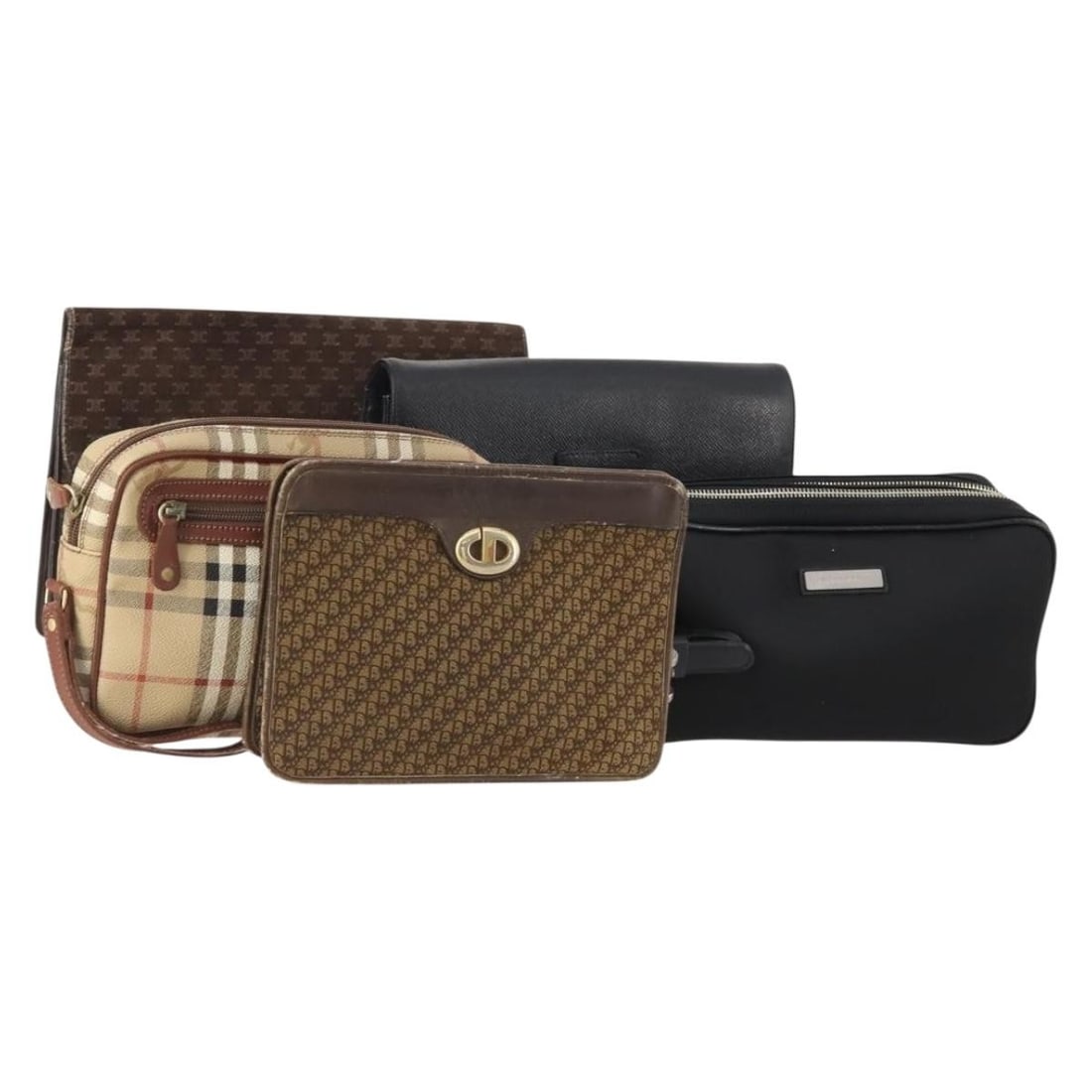 Set of 5 Burberrys Leather Clutch Bags Beige Black Authentic: Set of 5 Burberrys Leather Clutch Bags Beige Black Authentic This is a set of five women's clutch bags from Burberrys, Celine, Dior, and Saint Laurent, crafted from leather in beige and black tones. T