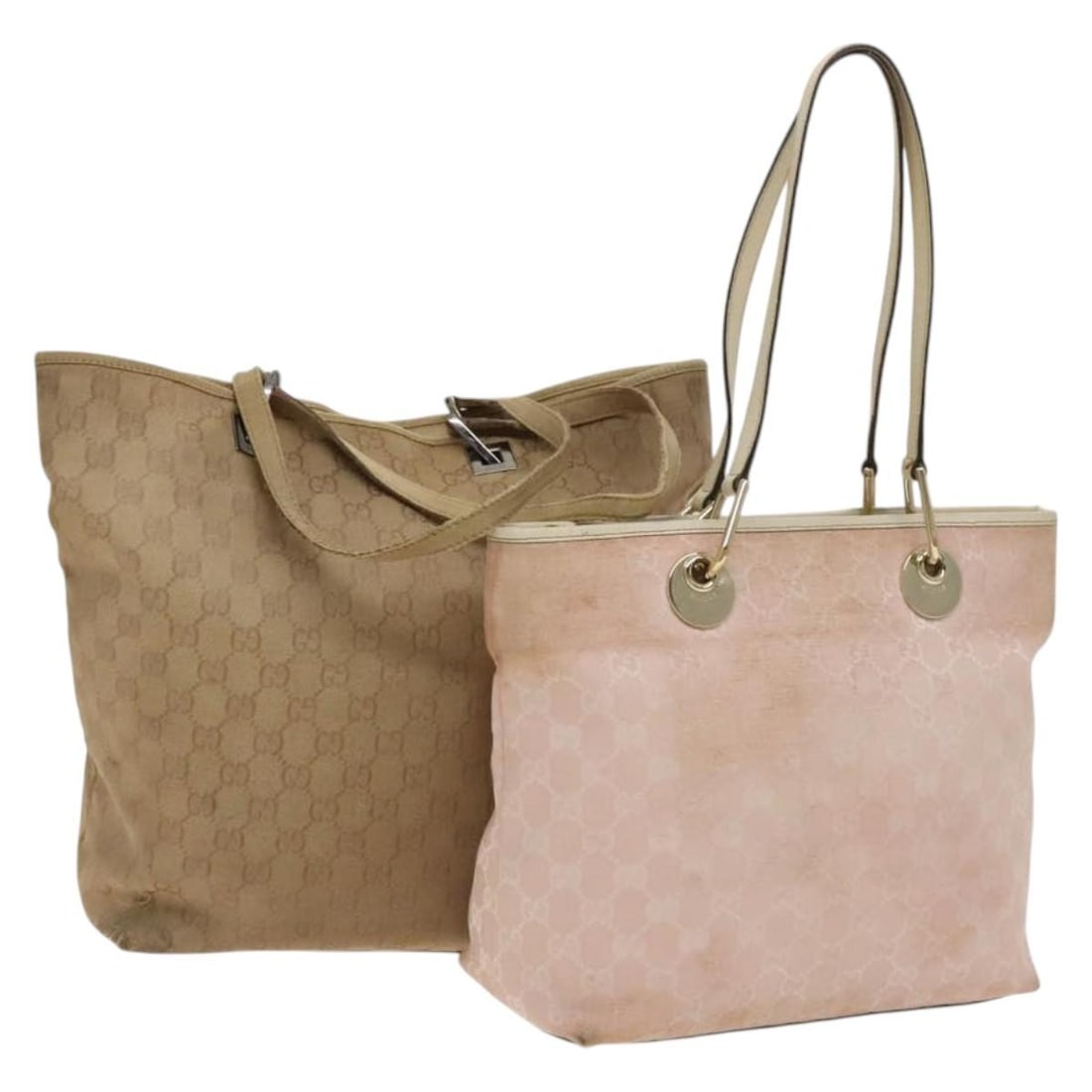 GUCCI GG Canvas Tote Bag Set Beige Gold Pink Auth 133515: GUCCI GG Canvas Tote Bag Set Beige Gold Pink Auth 133515 This authentic GUCCI GG Canvas Tote Bag features a stylish blend of beige, gold, and pink colors. Crafted in Italy from durable GG Canvas, this
