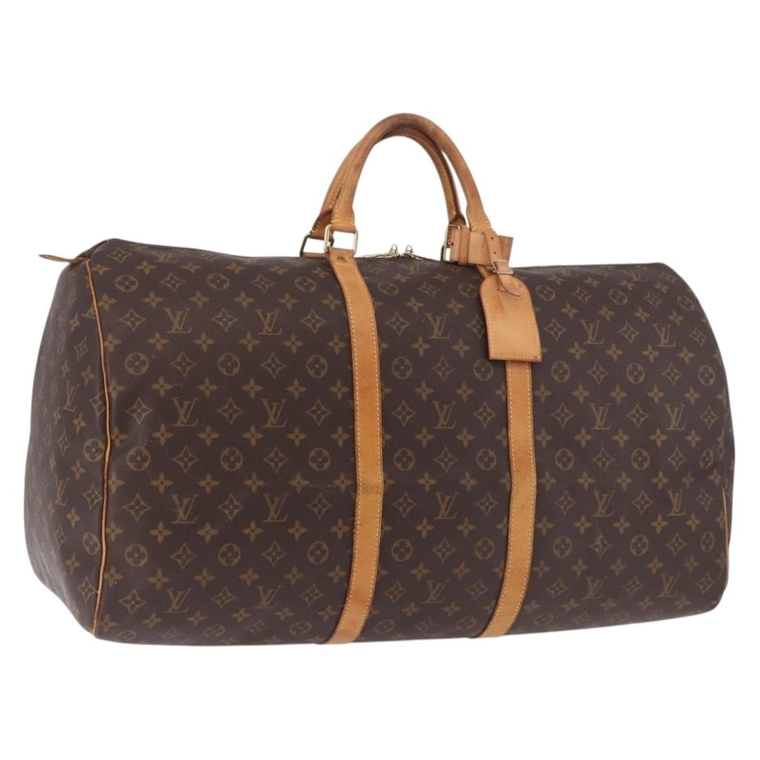 Louis Vuitton M41422 Keepall 60 Monogram Canvas Boston Bag: Louis Vuitton M41422 Keepall 60 Monogram Canvas Boston Bag Monogram canvas Boston bag in size 60, made in France. The bag includes a name tag and powanie accessory, and is identified by product number