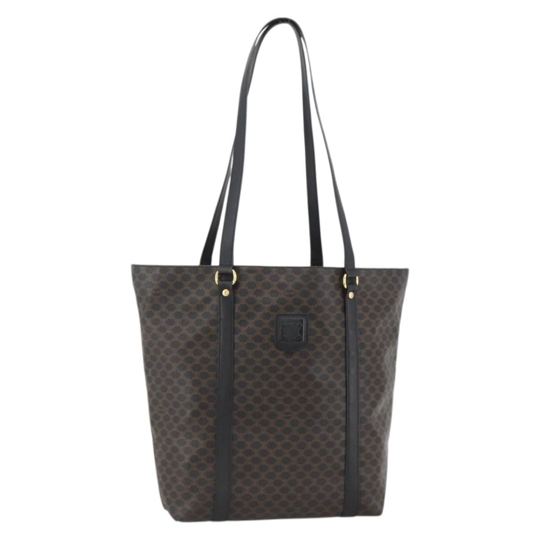 CELINE Macadam Canvas PVC Leather Tote in Black Gold: CELINE Macadam Canvas PVC Leather Tote in Black Gold Authentic CELINE Macadam canvas tote bag in black and gold-tone with PVC leather trim. This women's tote is made in Italy and features a structured