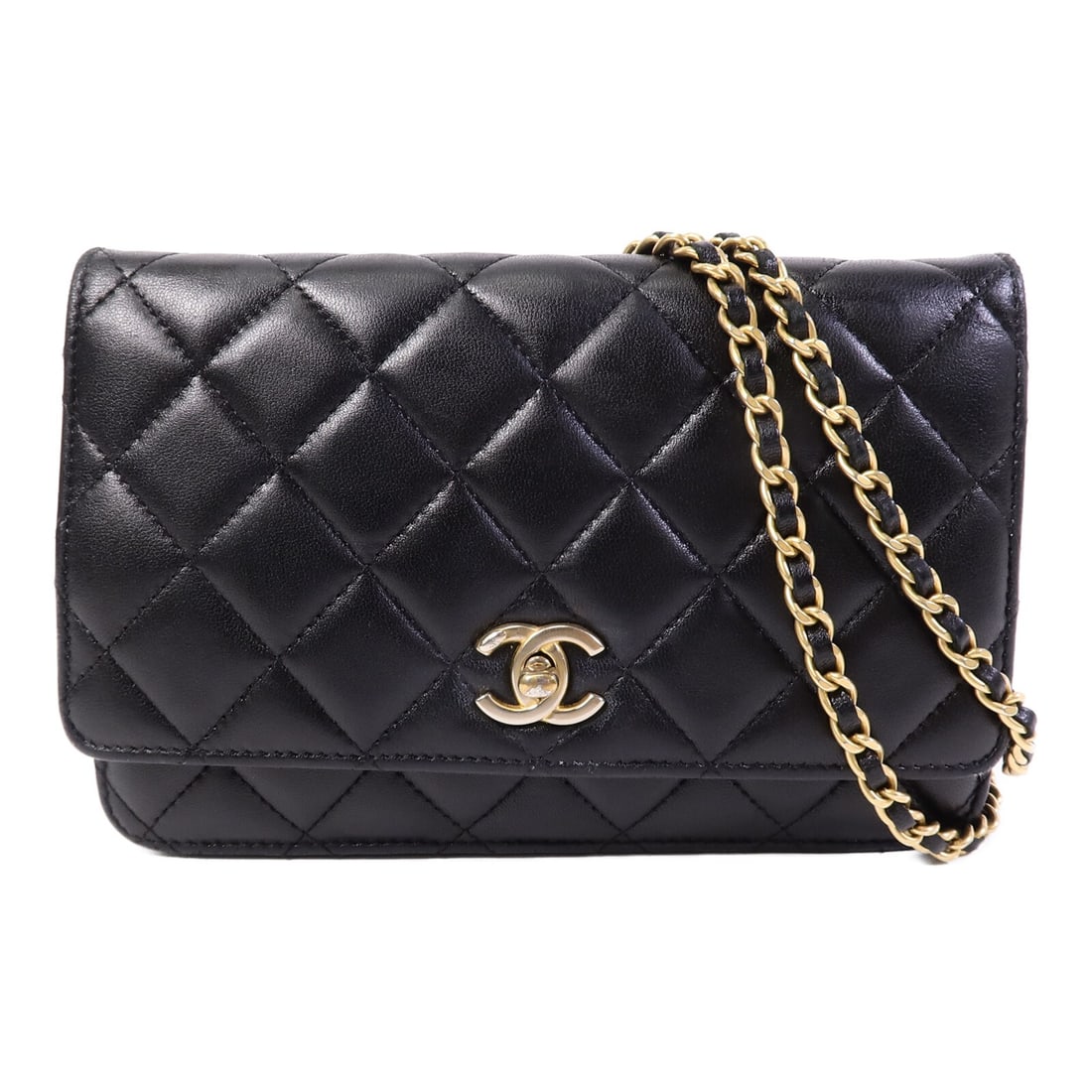 CHANEL AP3964 Wallet on Chain Lambskin Black Gold Ball Bag: CHANEL AP3964 Wallet on Chain Lambskin Black Gold Ball Bag A CHANEL Wallet On Chain shoulder bag in black lambskin (sheep leather) with gold-tone CC hardware and a gold ball detail. The bag features a