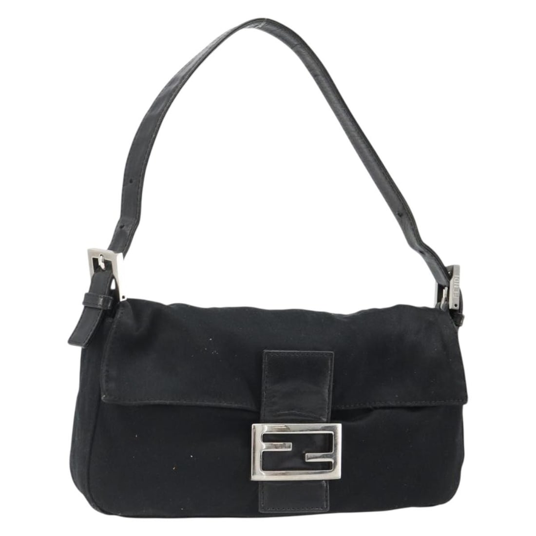 FENDI Mamma Baguette black cotton jersey shoulder bag silver tone: FENDI Mamma Baguette black cotton jersey shoulder bag silver tone Fendi Mamma Baguette shoulder bag in black and silver cotton jersey, made in Italy. This women's shoulder bag features a strap drop of