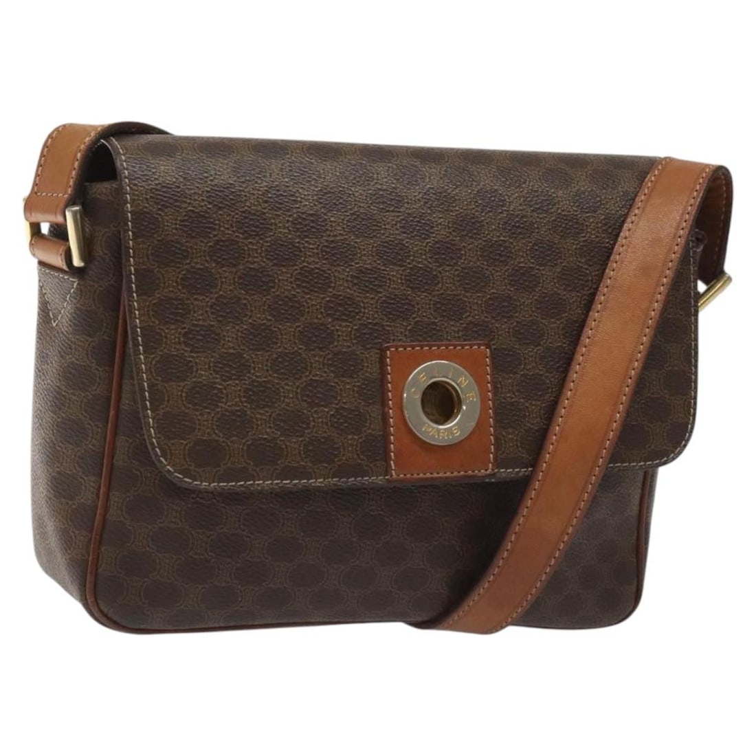 Celine Macadam Brown PVC Leather Shoulder Bag Gold Accents: Celine Macadam Brown PVC Leather Shoulder Bag Gold Accents This Celine Macadam Canvas shoulder bag features a classic brown and gold color combination with PVC leather and signature Macadam canvas con