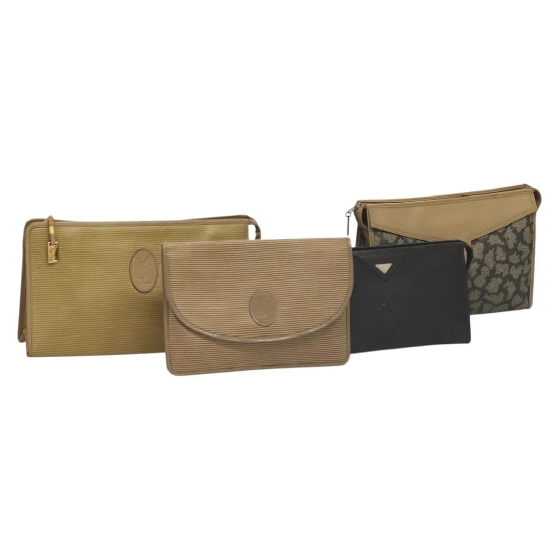 SAINT LAURENT Leather Clutch Bag Set Black Gray Beige Auth: SAINT LAURENT Leather Clutch Bag Set Black Gray Beige Auth This stylish SAINT LAURENT clutch bag set features a combination of leather and PVC materials in a chic color palette of black, gray, and bei