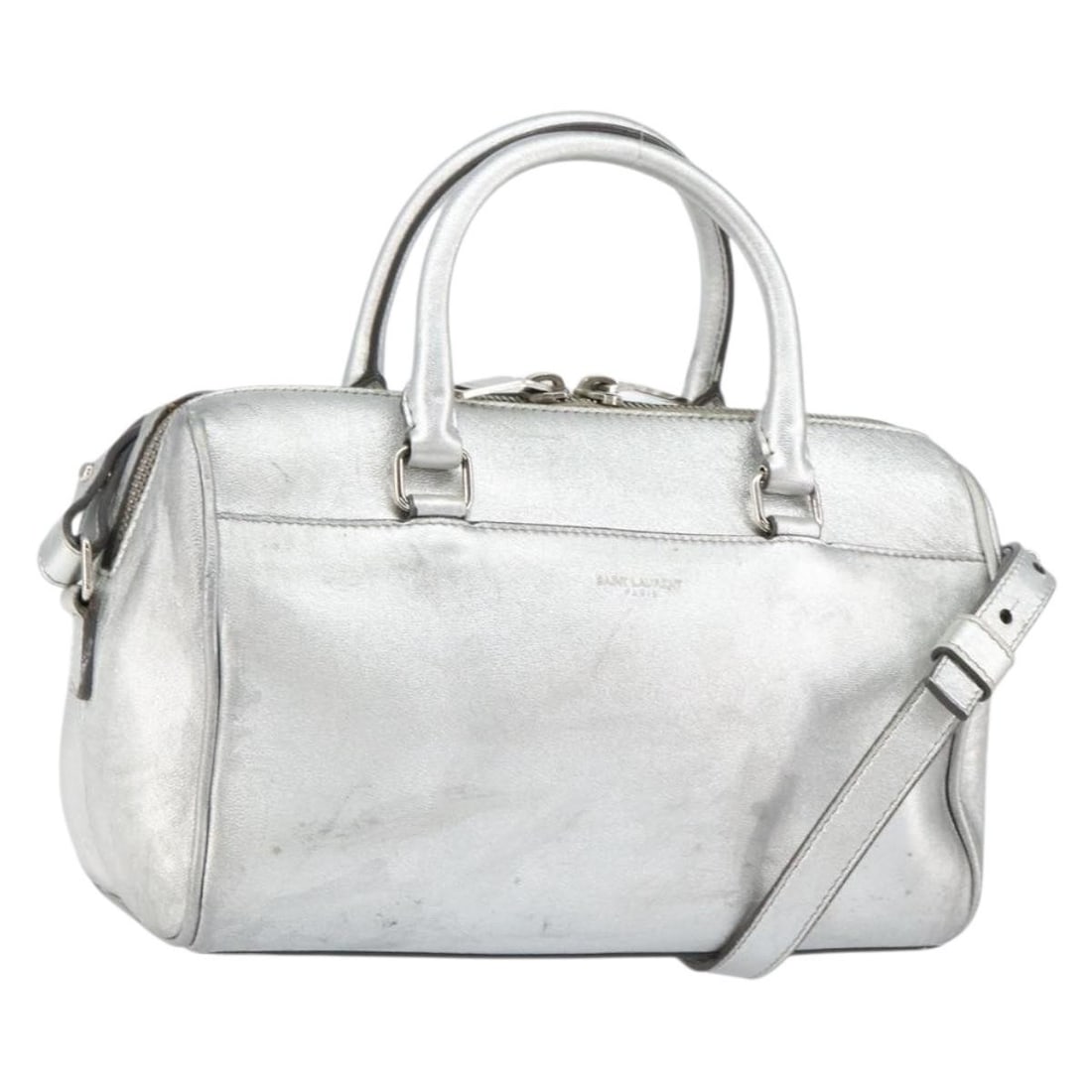 SAINT LAURENT 297957 Leather 2way Handbag Silver with Shoulder Strap: SAINT LAURENT 297957 Leather 2way Handbag Silver with Shoulder Strap Saint Laurent 2-way handbag in silver leather with top handles and a removable shoulder strap. Made in Italy, this women's bag is h