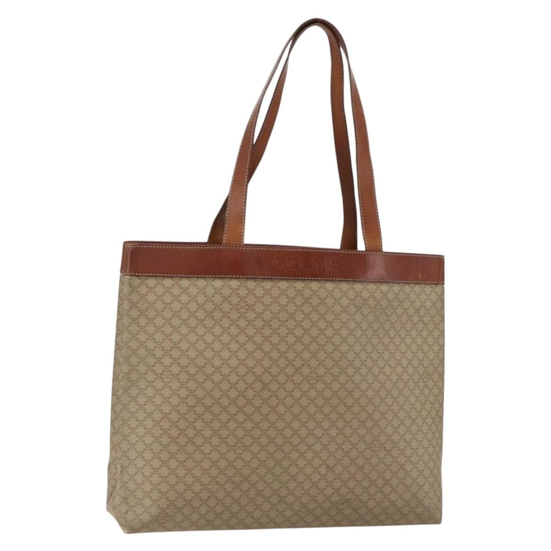 CELINE Macadam PVC Leather Beige Gold Tote Bag Italy: CELINE Macadam PVC Leather Beige Gold Tote Bag Italy This CELINE Macadam Canvas tote bag features a beige and gold color scheme with PVC leather and the signature Macadam canvas exterior. Designed for