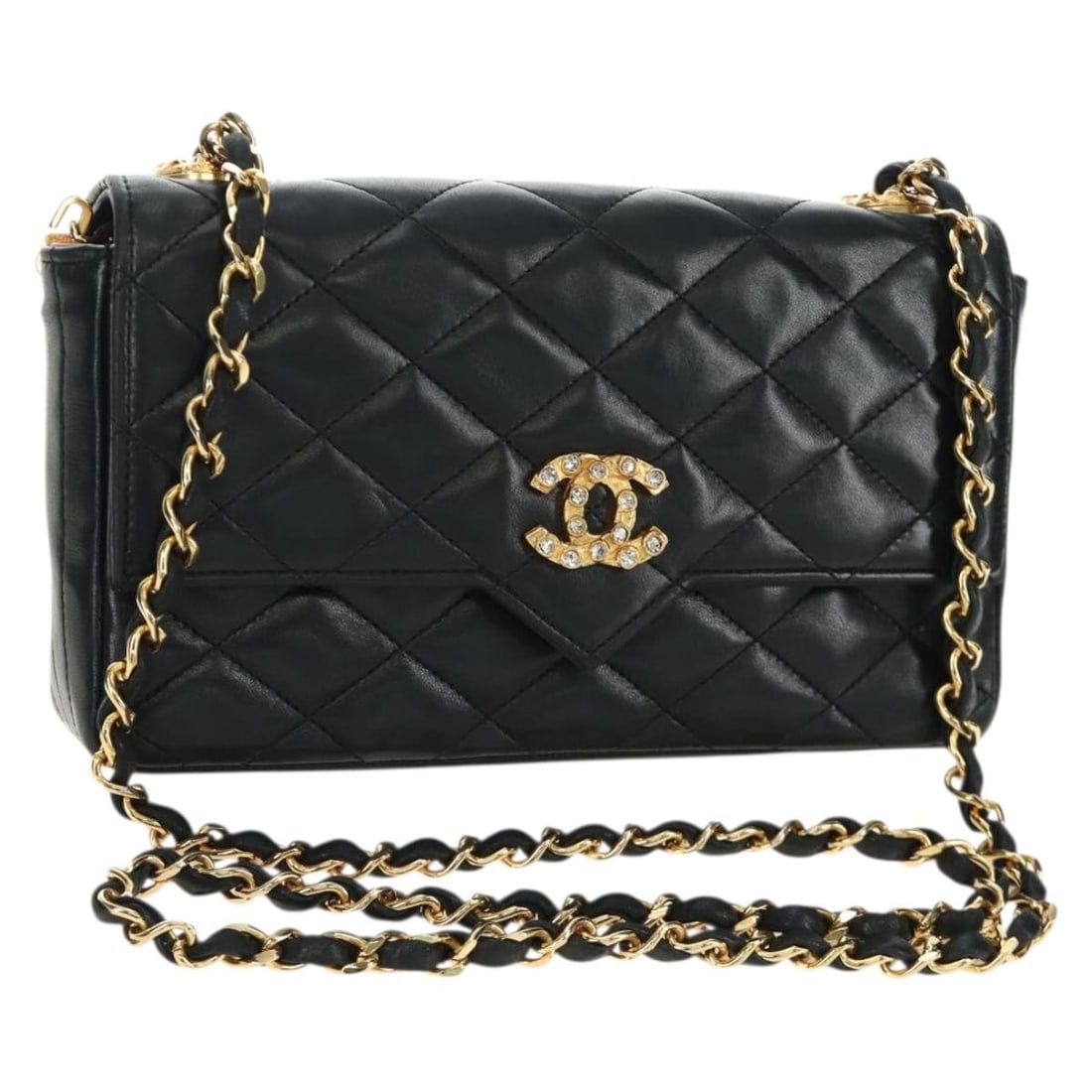 CHANEL CC Matelasse Lamb Skin Shoulder Bag Black Gold Tone: CHANEL CC Matelasse Lamb Skin Shoulder Bag Black Gold Tone A Chanel Matelasse shoulder bag in black lamb skin with gold-tone hardware. It is made in France and measures approximately W22 cm x H12 cm x