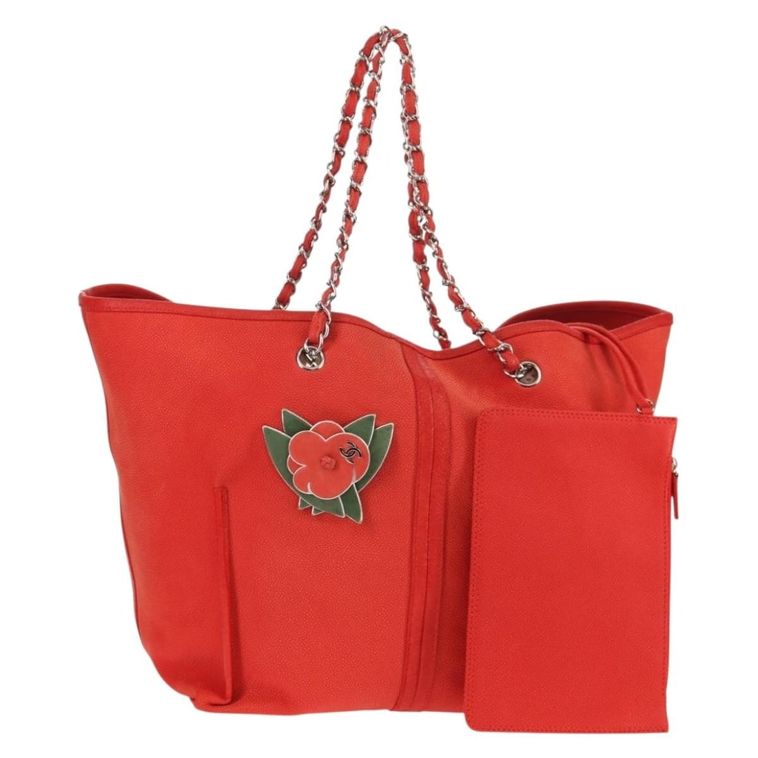 CHANEL Camelia Tote Bag Caviar Skin Red Silver CC Auth 142099V: CHANEL Camelia Tote Bag Caviar Skin Red Silver CC Auth 142099V This authentic CHANEL Chain Camelia Tote Bag is crafted from luxurious grained calf skin, featuring a striking red exterior complemented 