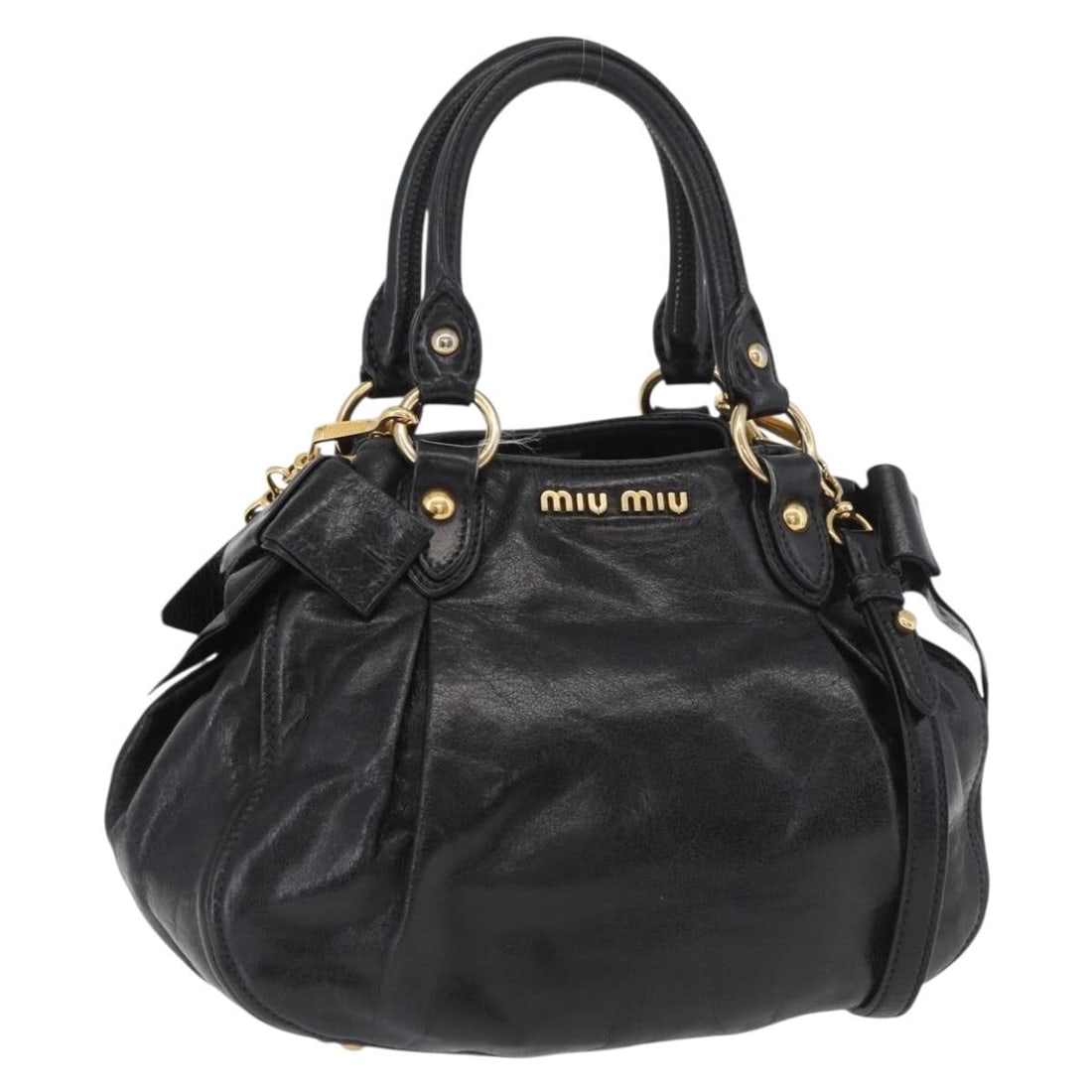 Miu Miu Black Leather 2 Way Handbag with Shoulder Strap: Miu Miu Black Leather 2 Way Handbag with Shoulder Strap Miu Miu leather 2-way handbag in black and gold, made in Italy. It comes with a shoulder strap and features approximate dimensions of W27 x H21 