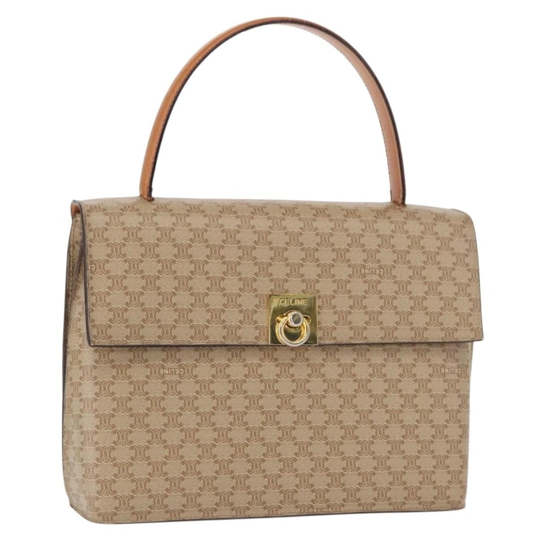 Celine Macadam PVC Canvas Handbag Beige Gold Tone Italy: Celine Macadam PVC Canvas Handbag Beige Gold Tone Italy A CELINE handbag in beige and gold, made from PVC leather and Macadam canvas. It is an Italy-made hand bag with a structured size of approximate