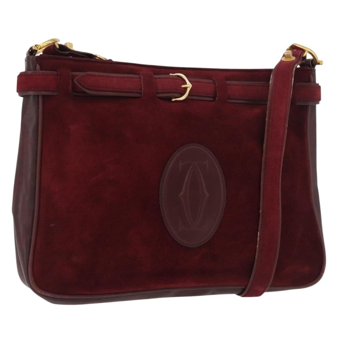 Cartier Bordeaux Suede Women Shoulder Bag Gold Tone: Cartier Bordeaux Suede Women Shoulder Bag Gold Tone This Cartier shoulder bag is crafted from bordeaux suede with gold-tone accents. Designed for women, the bag features a spacious main compartment, a