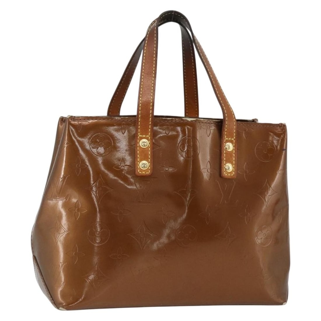Bronze Vernis Reade PM Patent Leather Handbag by Louis Vuitton M91146: Bronze Vernis Reade PM Patent Leather Handbag by Louis Vuitton M91146 This Louis Vuitton Monogram Vernis Reade PM handbag is crafted from bronze patent leather and features a compact silhouette with d