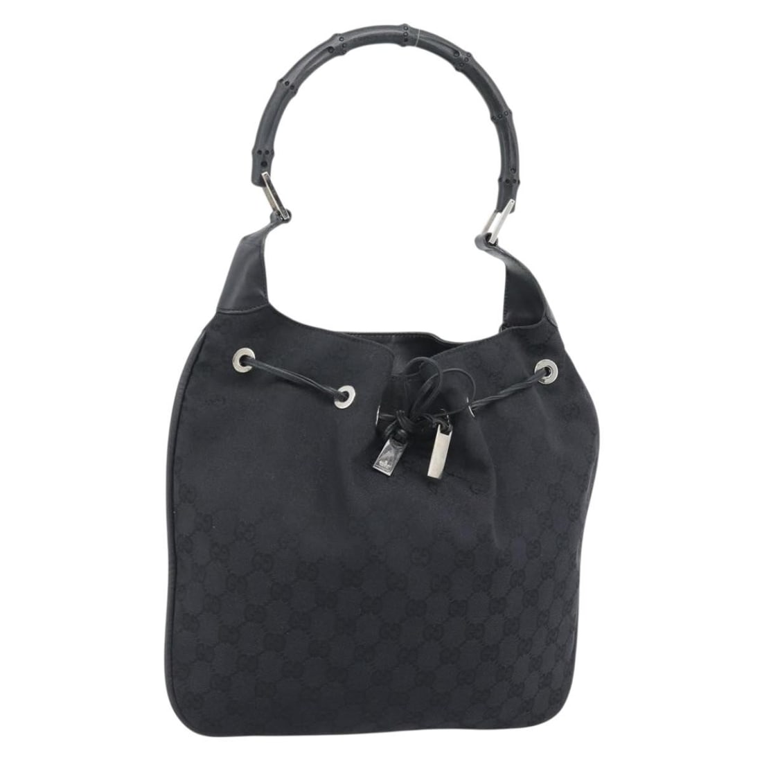 Gucci 001 4033 GG Canvas Bamboo Handle Handbag Black Silver: Gucci 001 4033 GG Canvas Bamboo Handle Handbag Black Silver Gucci hand bag in black and silver GG Canvas, made in Italy. The bag measures approximately 34 cm wide by 34 cm high by 4 cm deep, with a ha