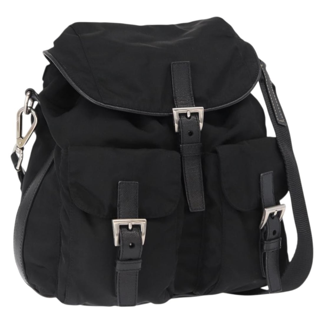 Prada Black Nylon Shoulder Bag with Silver Tone Accents: Prada Black Nylon Shoulder Bag with Silver Tone Accents This PRADA shoulder bag features a durable black nylon exterior with silver-tone accents. Designed for everyday use, it offers a spacious main c
