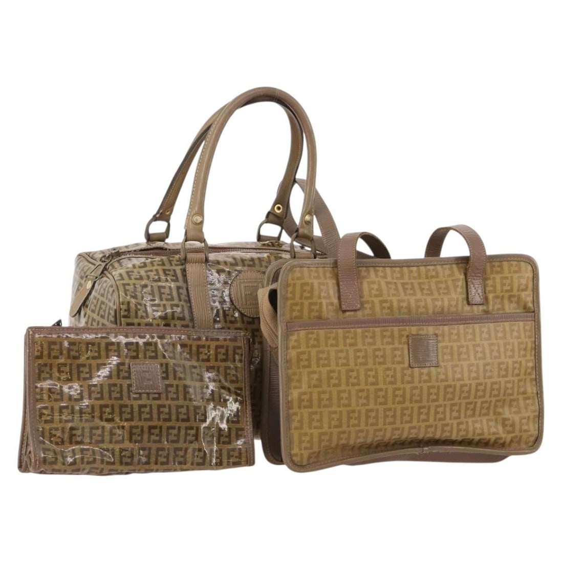 FENDI Zucchino Coated Canvas Beige Brown Shoulder Bag Set of 3: FENDI Zucchino Coated Canvas Beige Brown Shoulder Bag Set of 3 This FENDI Zucchino Canvas Shoulder Bag set features three beige and brown coated canvas bags designed for women. Made in Italy, these sh