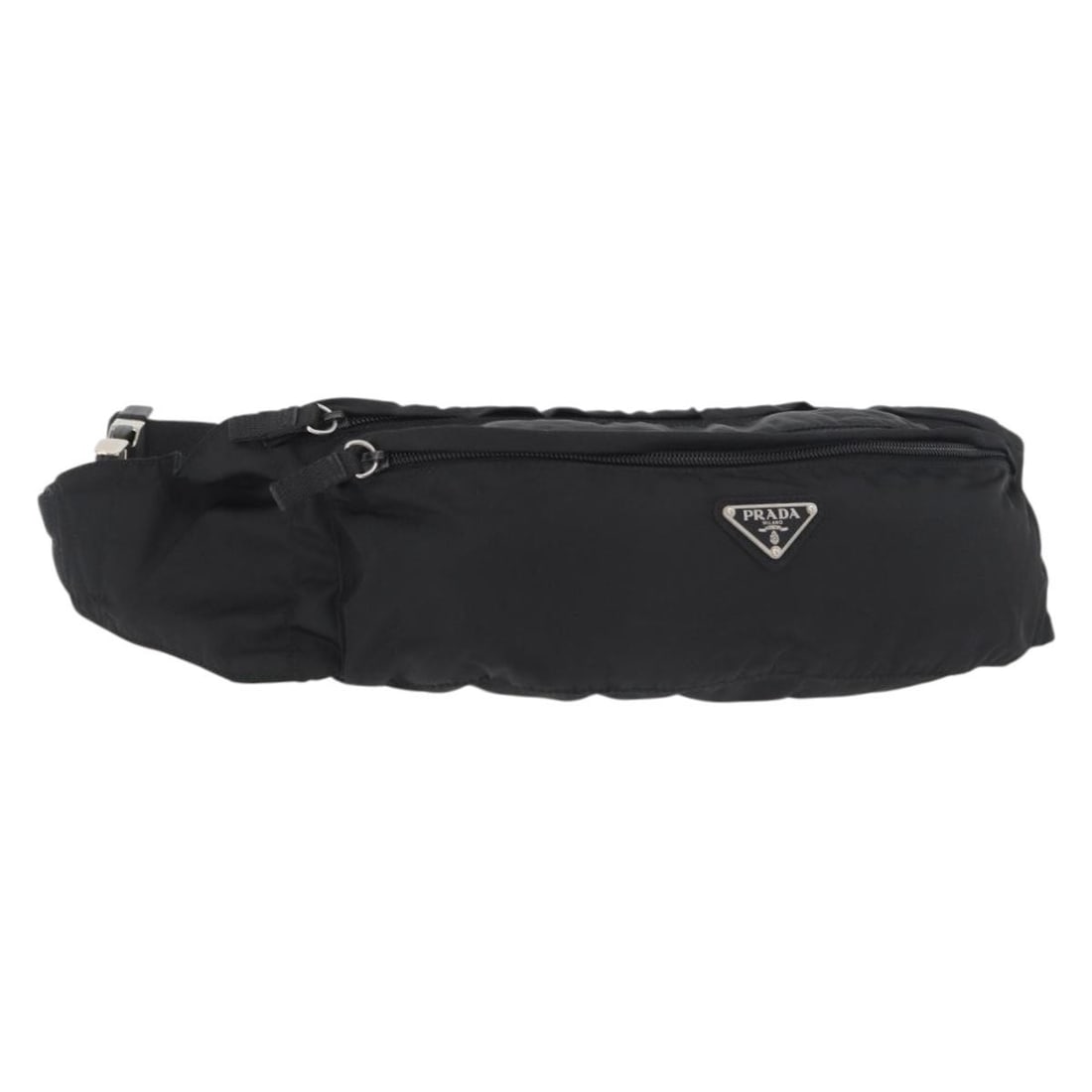 PRADA Nylon Belt Bag Black Silver Tone Italy: PRADA Nylon Belt Bag Black Silver Tone Italy Prada waist bag in black and silver nylon, made in Italy. This women's bag measures approximately 31 cm wide, 11 cm high, and 4 cm deep, with an adjustable