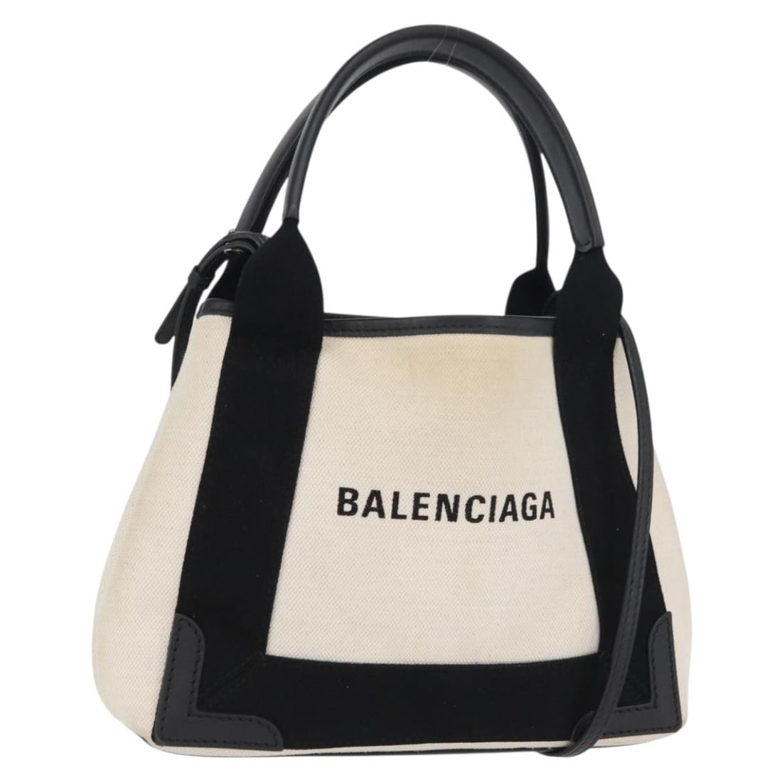 Balenciaga Cabas XS Canvas Handbag in White and Navy with Leather Trim: Balenciaga Cabas XS Canvas Handbag in White and Navy with Leather Trim This is a BALENCIAGA Navy Cabas XS handbag crafted from canvas in a white and navy color scheme with silver-tone details. Designe