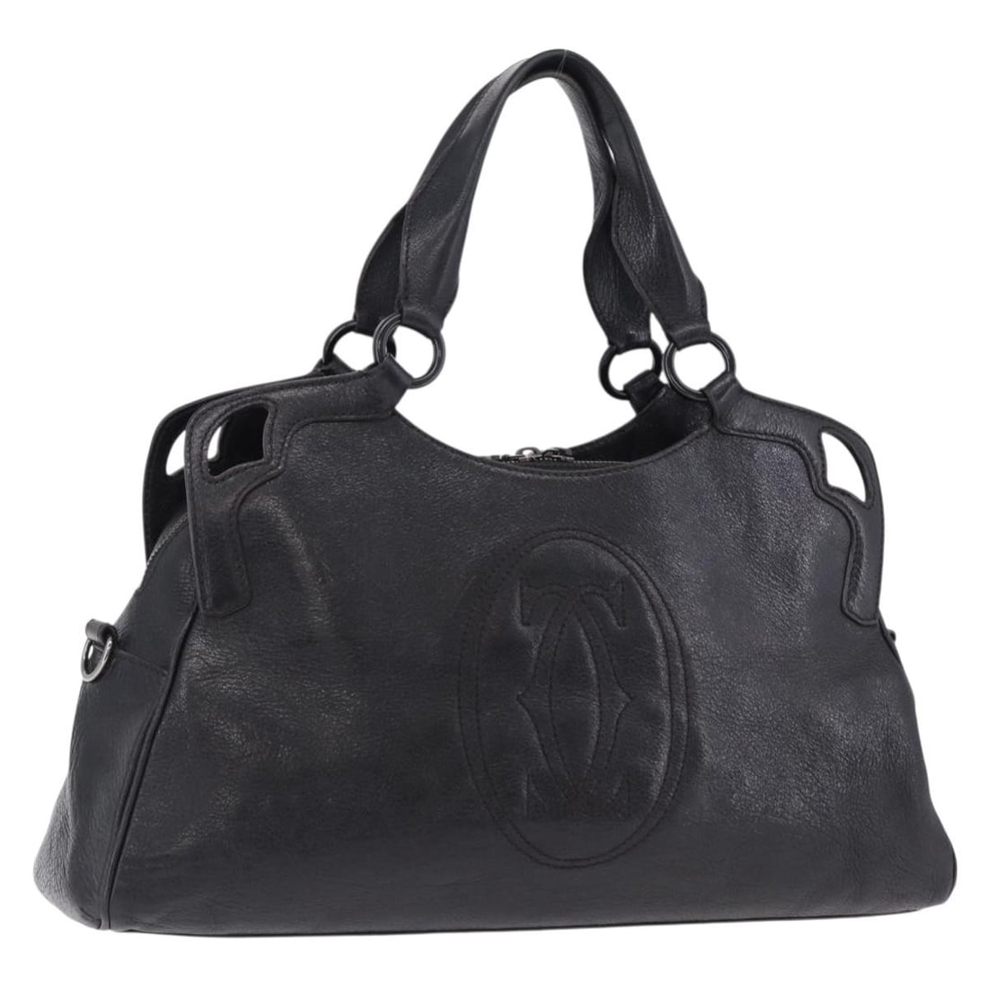 Cartier black leather handbag silver tone Italy: Cartier black leather handbag silver tone Italy Cartier women's hand bag in black and silver leather, made in Italy. The bag measures approximately 40 cm W x 24 cm H x 12 cm D, with a handle drop of a