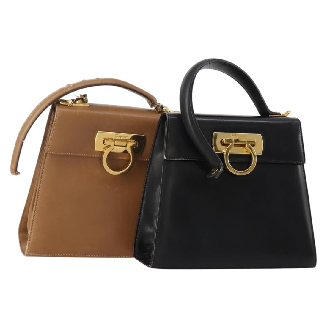 2 Leather Handbags Salvatore Ferragamo Gancini Black Brown Italy: 2 Leather Handbags Salvatore Ferragamo Gancini Black Brown Italy Salvatore Ferragamo Gancini handbag in black and brown leather, made in Italy. This special set sale is offered as shown in the photo a
