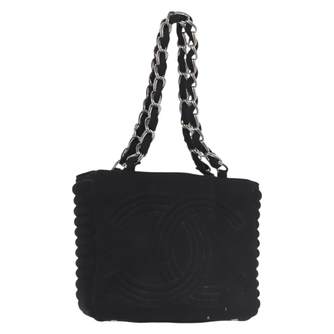 CHANEL CC Cotton Shoulder Bag Black Silver Tone Italy: CHANEL CC Cotton Shoulder Bag Black Silver Tone Italy A CHANEL shoulder bag in black and silver cotton, made in Italy. The bag measures approximately 24 cm wide, 20 cm high, and 7 cm deep, with a shou