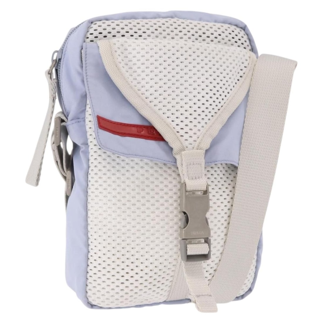 PRADA Sports Line Blue Nylon Shoulder Bag Silver Tone Italy: PRADA Sports Line Blue Nylon Shoulder Bag Silver Tone Italy Prada Sports Line shoulder bag in blue and silver nylon, made in Italy. The bag measures approximately W13 x H21 x D5 cm, with a shoulder dr
