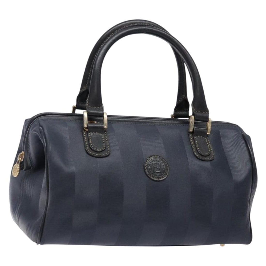 Fendi Navy Gold Pequin Canvas Hand Bag Made in Italy: Fendi Navy Gold Pequin Canvas Hand Bag Made in Italy This elegant Fendi Pecan Canvas Hand Bag showcases a sophisticated navy and gold color combination. Crafted from high-quality Pequin Canvas, this s