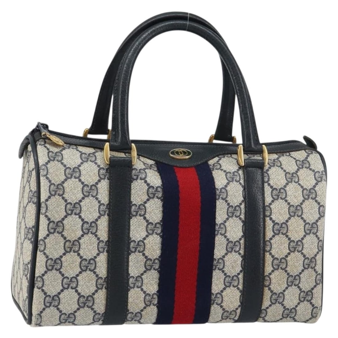 Gucci Boston Bag GG Supreme Sherry Line Navy Gold PVC Model 69 02 006: Gucci Boston Bag GG Supreme Sherry Line Navy Gold PVC Model 69 02 006 This is a GUCCI GG Supreme Sherry Line Boston Bag, crafted from navy and gold PVC leather with GG canvas accents. The bag features