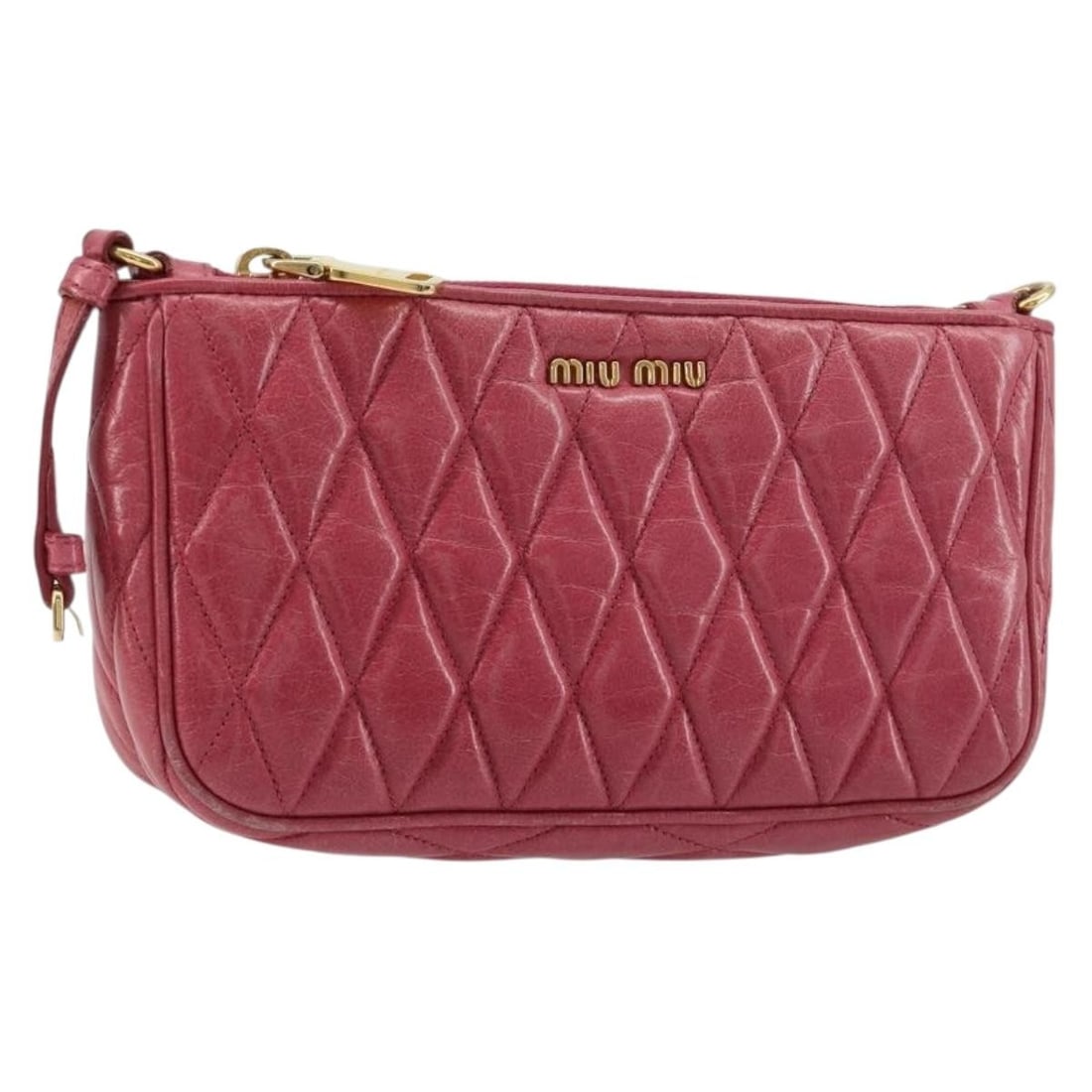 Miu Miu Leather Pouch Pink with Gold Tone Hardware: Miu Miu Leather Pouch Pink with Gold Tone Hardware Pink and gold Miu Miu leather pouch made in Turkey. The item measures approximately W20 cm x H11 cm x D4 cm (W7.9 x H4.3 x D1.6 inches) and is offere