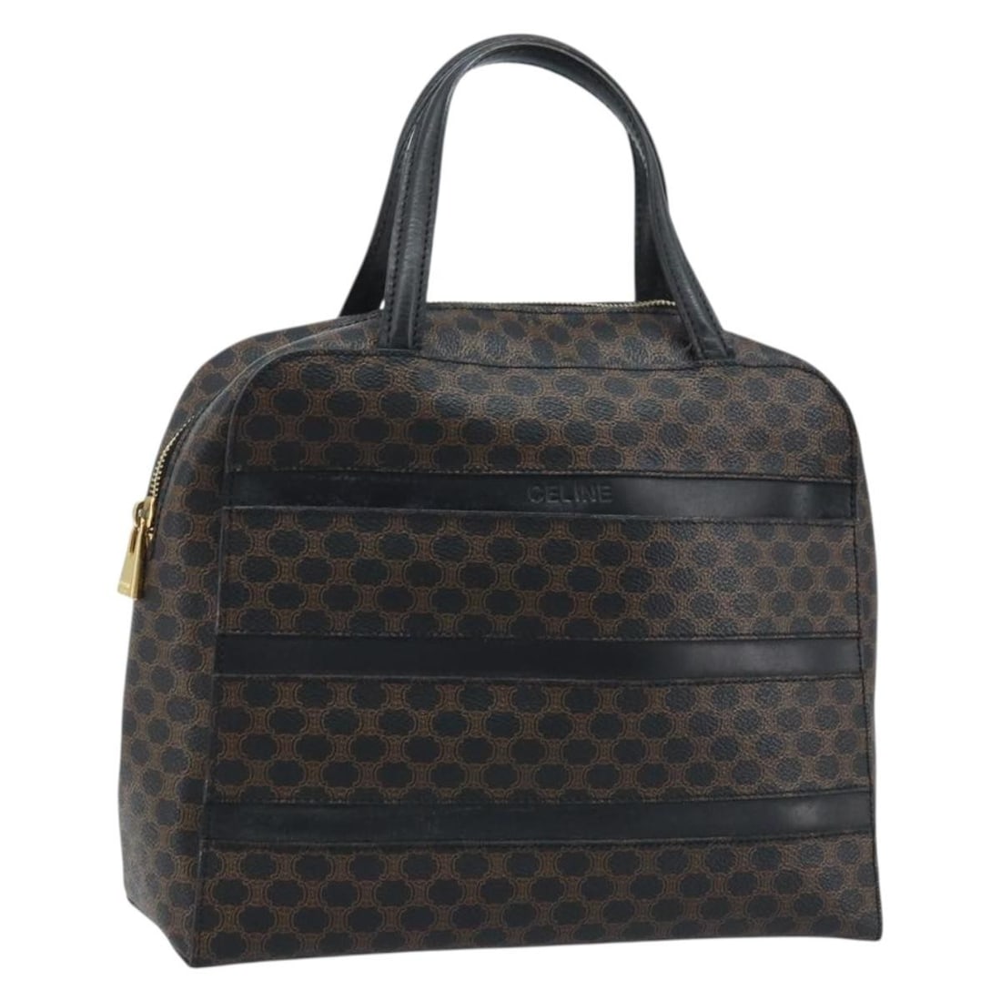 Celine Macadam Black PVC Leather Handbag with Gold Accents: Celine Macadam Black PVC Leather Handbag with Gold Accents This CELINE Macadam hand bag features a classic design in black and gold with PVC leather and Macadam canvas. The bag is crafted in Italy and