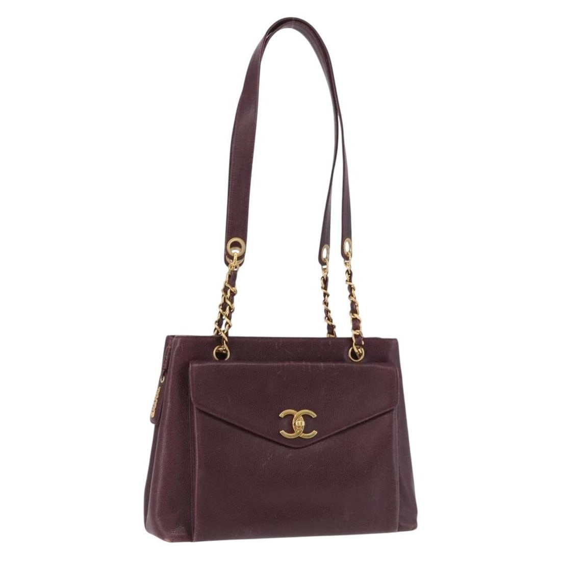 CHANEL Caviar Skin Tote Bag Bordeaux with Gold Tone Chain CC: CHANEL Caviar Skin Tote Bag Bordeaux with Gold Tone Chain CC A CHANEL chain tote bag in Bordeaux and gold, made from caviar skin. This Italy-made bag features a chain tote style with an approximate si