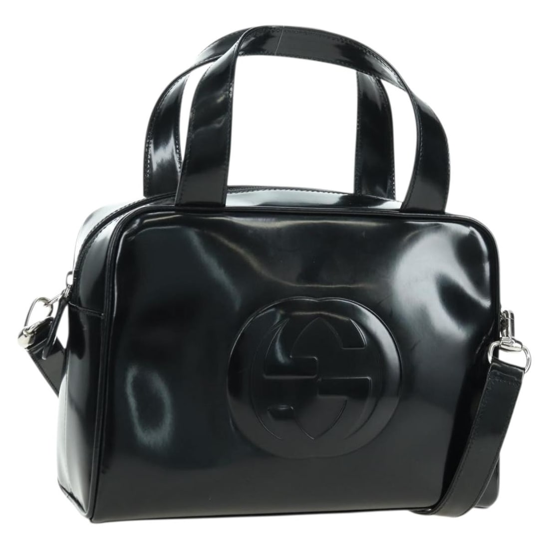 Gucci 176640 Patent Leather 2way Handbag Black Silver: Gucci 176640 Patent Leather 2way Handbag Black Silver Gucci 2-way handbag in black patent leather with silver-tone accents. Made in Italy, this women's bag includes a shoulder strap and can be carried