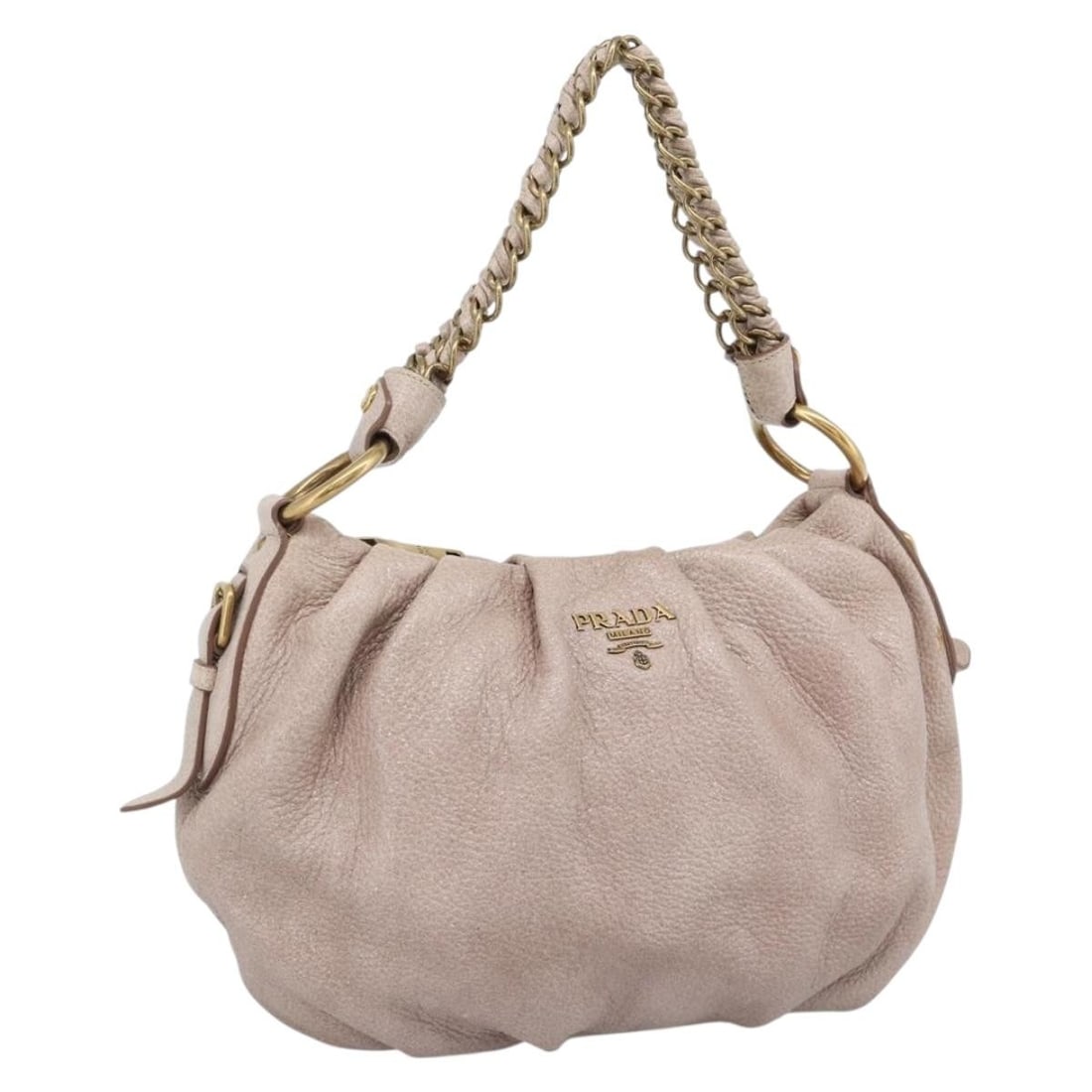 PRADA Vitello Daino Leather Shoulder Bag Pink Gold Tone: PRADA Vitello Daino Leather Shoulder Bag Pink Gold Tone Prada chain shoulder bag in pink and gold leather, made in Italy. This women's shoulder bag features a shoulder strap with an approximate 8.3 in