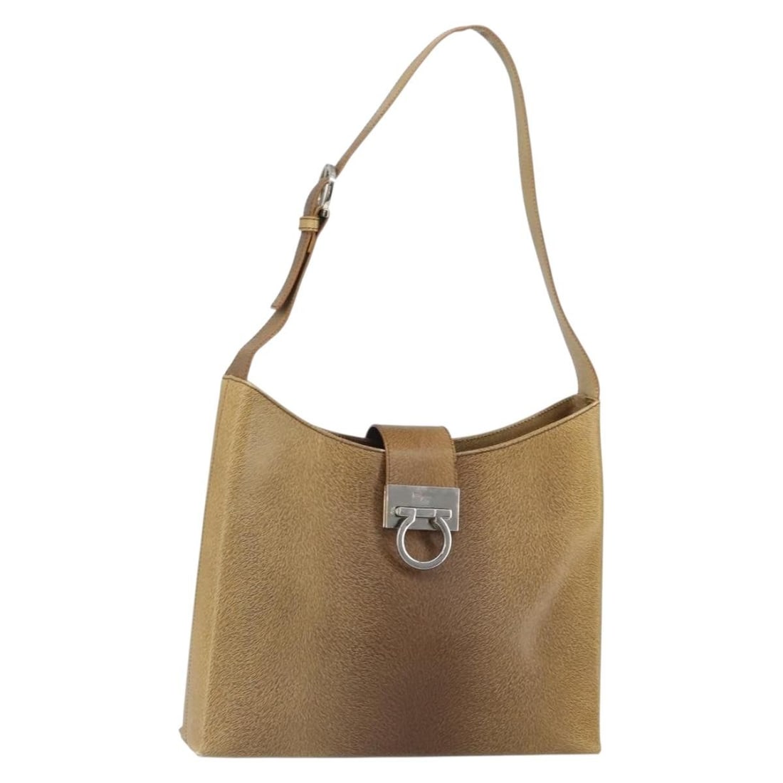 Beige Leather Gancini Shoulder Bag by Salvatore Ferragamo Italy: Beige Leather Gancini Shoulder Bag by Salvatore Ferragamo Italy This Salvatore Ferragamo Gancini shoulder bag is crafted from beige leather with silver-tone accents. The bag features a structured silh
