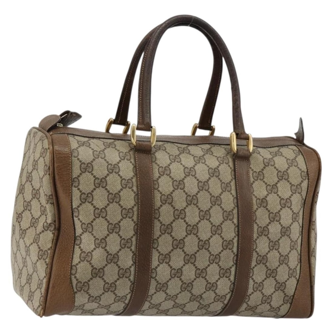 GUCCI Boston Bag GG Supreme PVC Leather Beige Gold 184499: GUCCI Boston Bag GG Supreme PVC Leather Beige Gold 184499 Gucci Boston bag in beige and gold PVC leather/GG canvas, made in Italy. The bag measures approximately 33 cm W x 21 cm H x 16 cm D, with a ha
